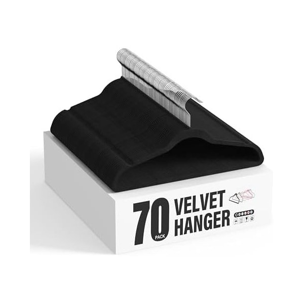 Simple Deluxe Velvet Hangers, Space Saving Heavy Duty Clothes Hangers, Non-Slip Closet Hanger, Black, 70PK HKHANGVELVET70BLK - main