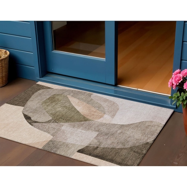 Homeroots 3' X 5' Taupe And Beige Abstract Washable Indoor Outdoor Area Rug 630459 - main