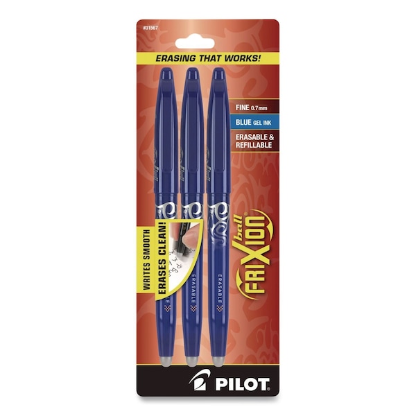 Pilot FriXion Ball Erasable Gel Pen, Stick, Fine 0.7 mm, Blue Ink, Blue Barrel, 3PK 31567 - main