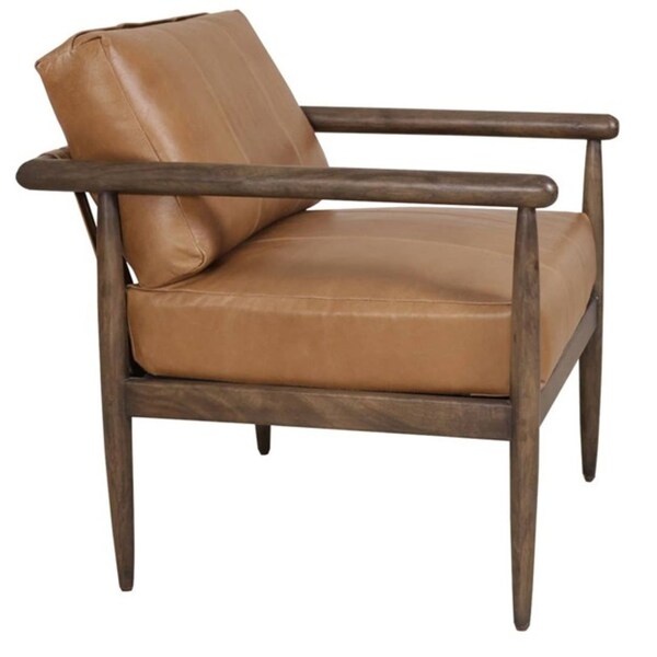 Homeroots 28" Brown Genuine Leather and Solid Wood Arm Chair 653085 - main
