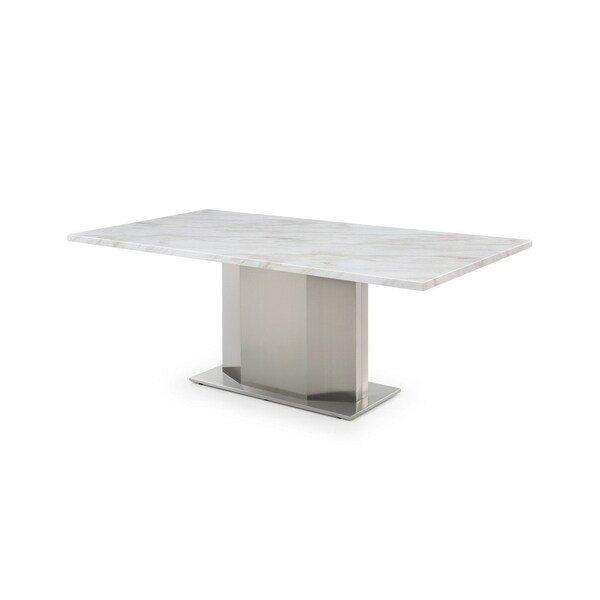Homeroots 79" Gray White and Silver Marble and Stainless Steel Pedestal Base Dining Table 555154 - main