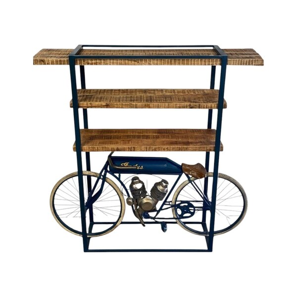 Homeroots 72" Blue And Brown Distressed Stainless Steel and Wood Three Tier Bookcase 374329 - main
