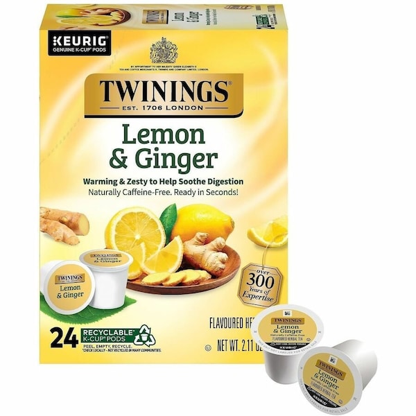 Twinings Of London Lemon & Ginger Herbal Tea K-Cup, Herbal Tea, 24 Cup, Decaffeinated, 24PK 11019 - main
