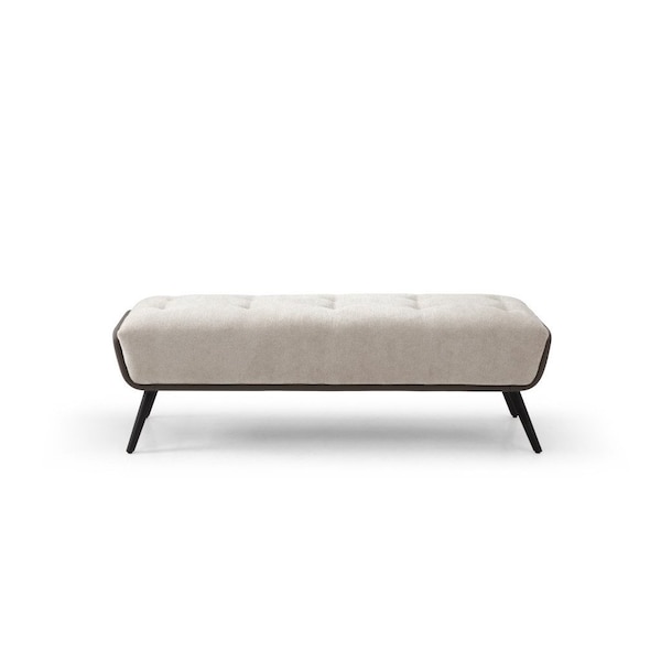 Homeroots 58in Beige Dark Gray and Black Tufted Faux Leather Fabric and Steel Upholstered Bench 714182 - main