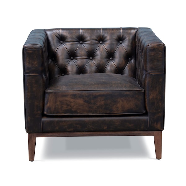 Homeroots 33" Brown and Black Antiqued Top Grain Leather Tufted Club Chair 555320 - main