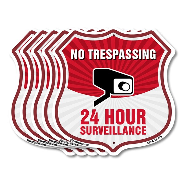 Signmission No Trespassing Shield Sign 24 Hour Surve, 12 inch X 12 inch, Aluminum Metal Sign, 5PK SHI-A-5Pack-12-419 - main