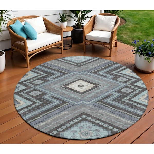Homeroots 8' Pewter Charcoal And Sky Blue Round Tribal Washable Indoor Outdoor Area Rug 598150 - main