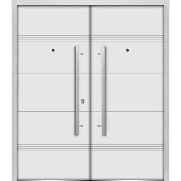 Vdomdoors Steel Double Doors Deux 1705 White Enamel Stainless Inserts Single Modern Painted DEUX1705DEXD-BEM-RH-W72 x H80 - main