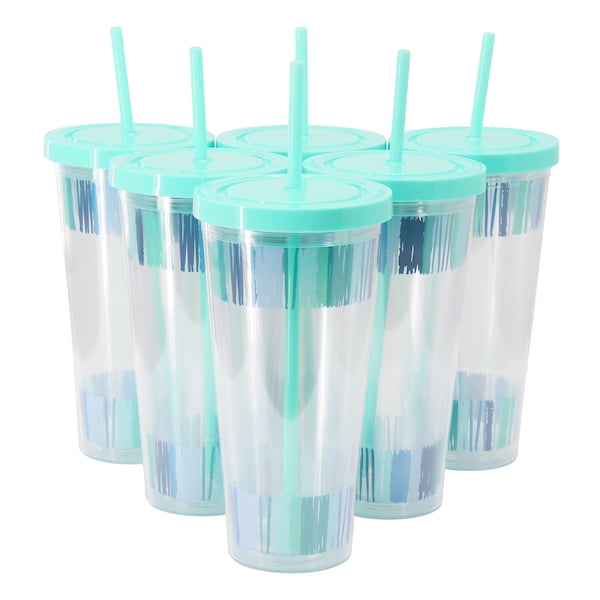 Gibson Home Tropical Sway Orleans 6Pc 24 Oz Double Wall Plastic Tumbler Set with Lid & Straw in Blue 136419.01 - main