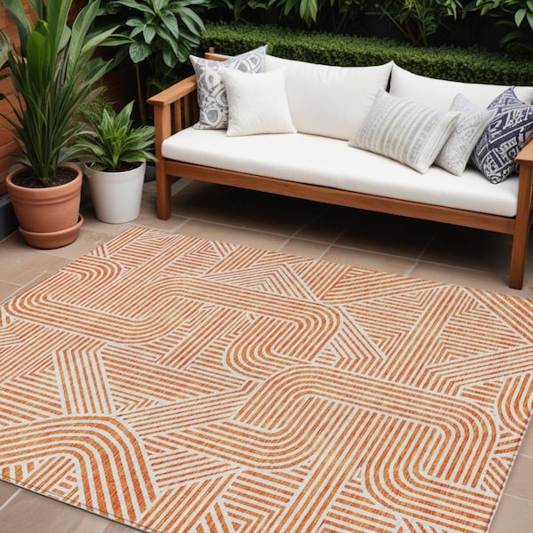 Homeroots 9' X 12' Orange And Ivory Abstract Washable Indoor Outdoor Area Rug 594951 - main