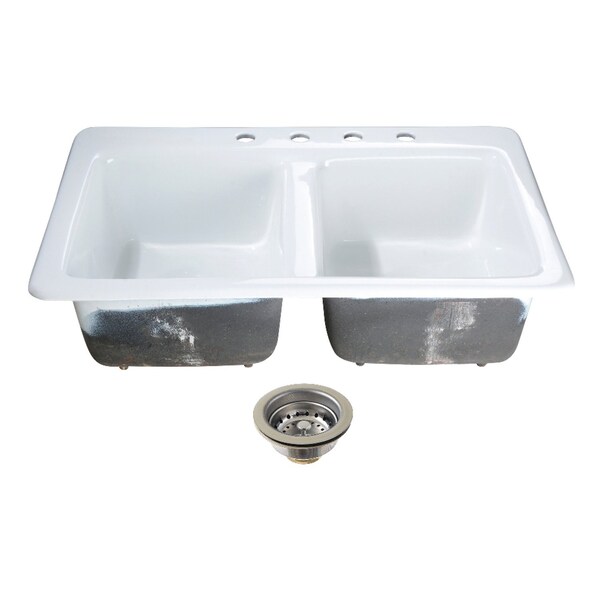 Kingston Brass 33-Inch Cast Iron Self-Rimming Double Bowl Drop-In Kitchen Sink, 4-Hole with Basket Strainers x 2 KGT33229D41 - main