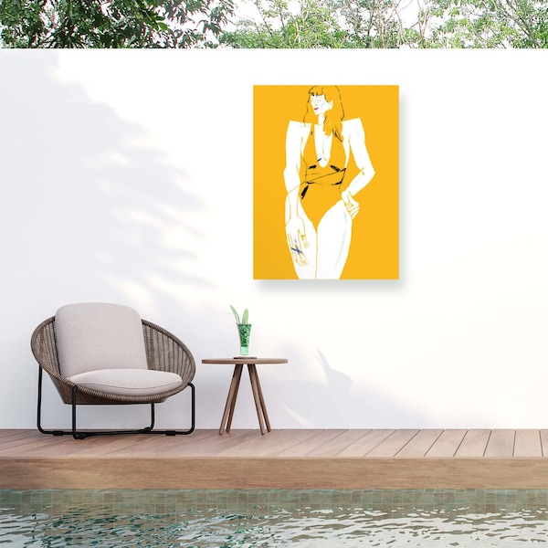 Trademark Fine Art Outdoor Canvas Art Francesco Gulina Girl in Bathing Suit Yellow Wall Art for Patios, or Gardens 1X22200-OC2432WR - main