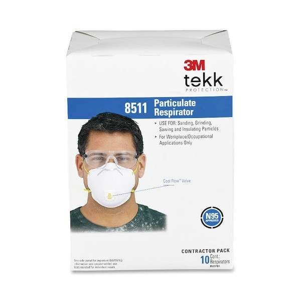 3M N95 Disposable Respirator, 8511, Cool Flow Exhalation Valve, Dual Headstrap, Nose Clip, PK10 8511 - main