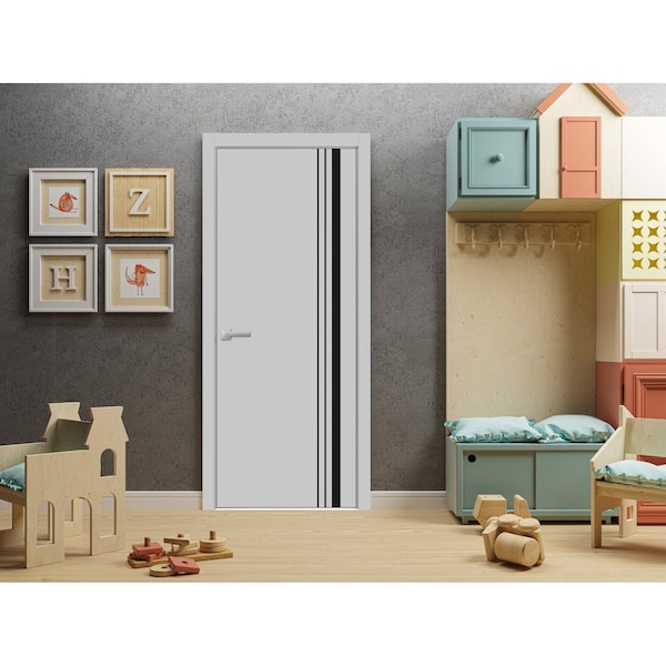 Sartodoors Modern Wood Interior Door with Hardware, Planum 0011 Matte Grey and Aluminum Strips, Single Panel F PLANUM0011ID-GRE-18 - main