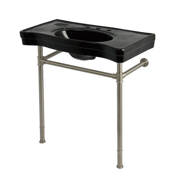 Kingston Brass 36" Ceramic Console Sink with Stainless Steel Legs, 8-Inch, 3-Hole, Black/Brushed Nickel KVPB36198K88 - main