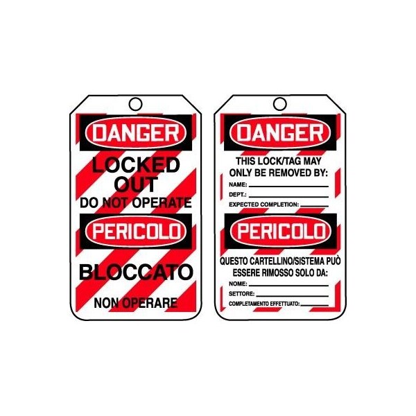 Accuform Safety Tags, DANGER LOCKED OUT DO NOT OPERATE BILINGUAL ITALIAN, 5.75in x 3.25in, RP-Plastic, 5PK TMT218PTM - main