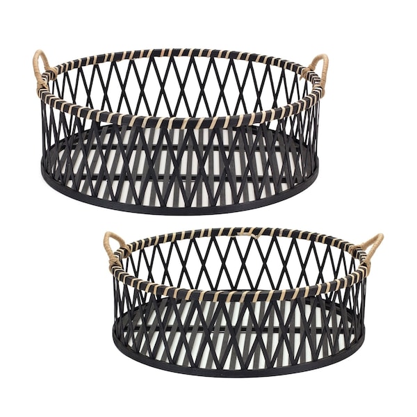 Homeroots Set of Two Black and Tan Round Bamboo Serving Tray With Handles 516321 - main