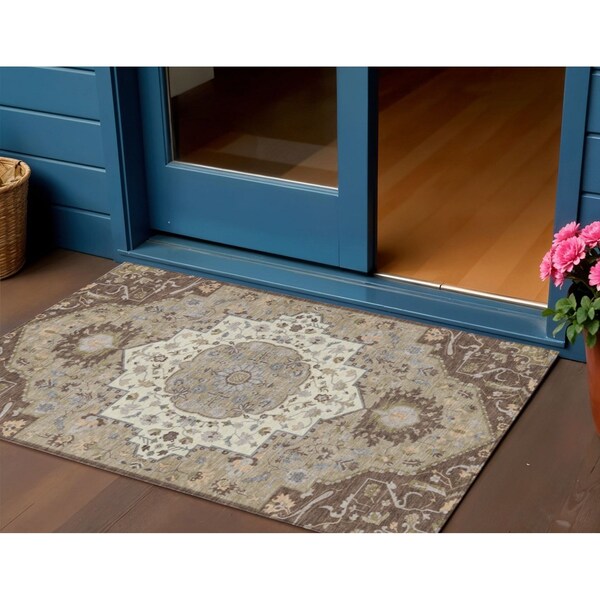 Homeroots 3' X 5' Chocolate Beige And Gray Oriental Washable Indoor Outdoor Area Rug 596620 - main