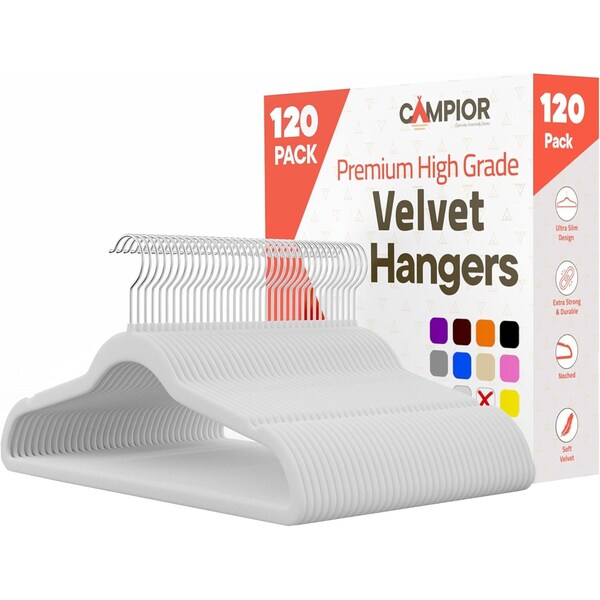 Campior Premium Velvet Non-Slip Hangers, Heavy Duty, 360 Deg Swivel Hook, White Velvet Finish, 120PK CMPVVH120WH - main