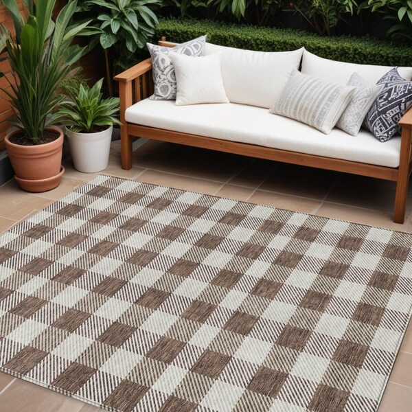 Homeroots 10' X 14' Brown And Beige Plaid Washable Indoor Outdoor Area Rug 595474 - main