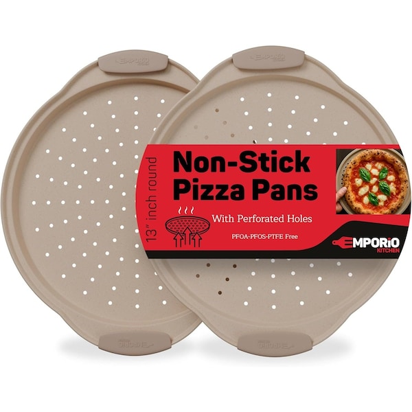 Emporio Kitchen Non-Stick Pizza Pan with Silicone Handle, 13in Carbon Steel, Perforated, White Marble, 2PK EKPIZAPSILWHT2 - main