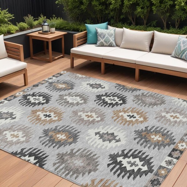 Homeroots 9' X 12' Silver Beige And Charcoal Southwestern Washable Indoor Outdoor Area Rug 615174 - main