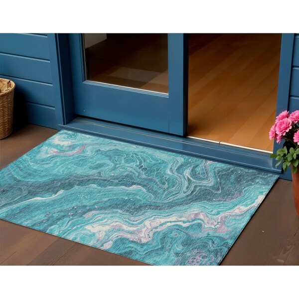 Homeroots 3' X 5' Teal Blue Gray And Ivory Abstract Washable Indoor Outdoor Area Rug 618208 - main