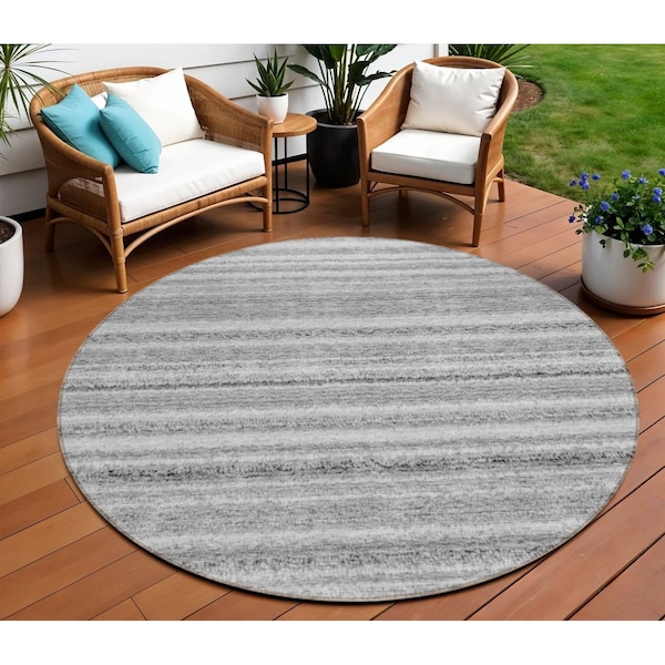 Homeroots 8' Gray Silver And Charcoal Round Striped Washable Indoor Outdoor Area Rug 577783 - main