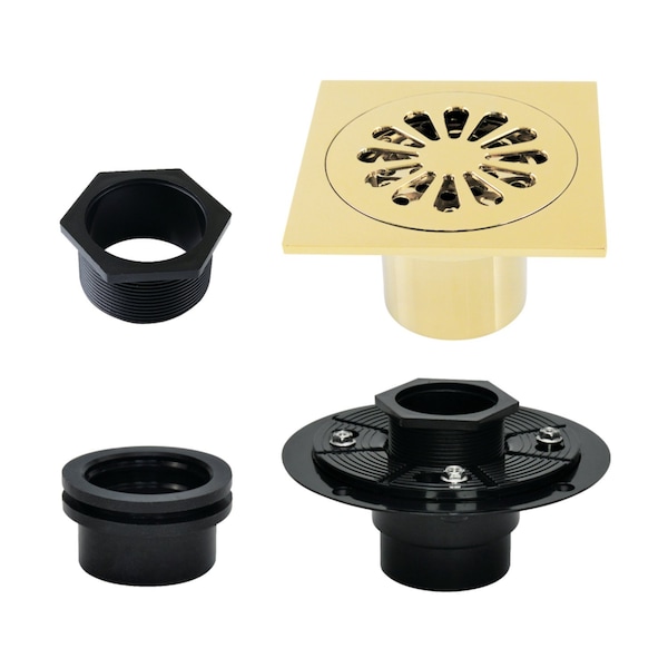 Kingston Brass 4" Brass Square Grid Shower Drain with Hair Strainer and Base Flange, Polished Brass BSFK4161PB - main