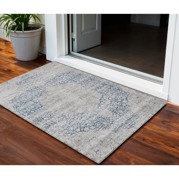 Homeroots 3' X 5' Blue And Ivory Oriental Washable Indoor Outdoor Area Rug 605103 - main