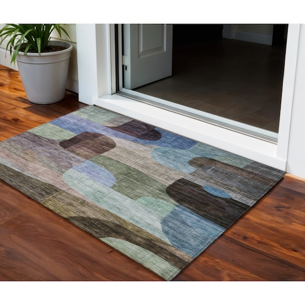 Homeroots 3' X 5' Brown Blue And Green Abstract Washable Indoor Outdoor Area Rug 604354 - main