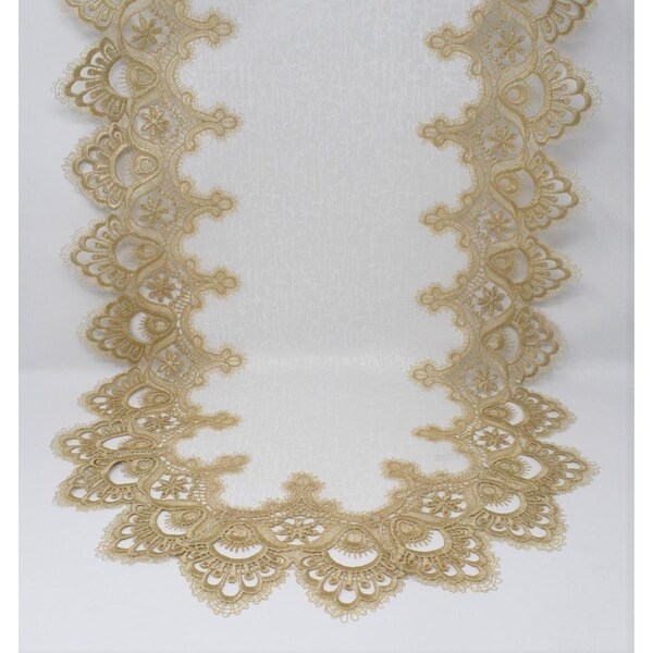 Sinobrite H8139-F2-15x54 15 x 54 in. Gold European Lace with White Antique Fabric Table Runner H8139/F2-15x54 - main