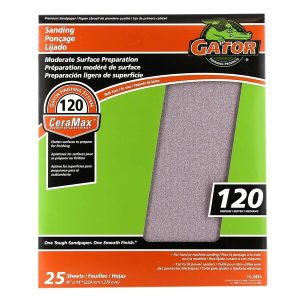 Gator Finishing CeraMax 9 x 11 in. Sanding Sheets, 120 Grit, Medium, 25PK 4414GA - main