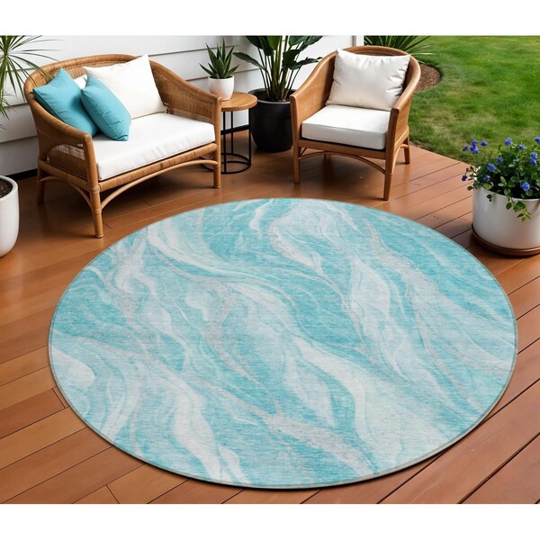 Homeroots 8' Teal Blue Aqua And Ivory Round Abstract Washable Indoor Outdoor Area Rug 583000 - main