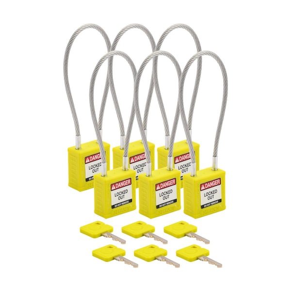 Brady Velocity 8in Compact Cable Lockout Padlocks Nylon 4in Shackle Clearance KA YL 6PK CPPL-YLW-200CB-KA6 - main
