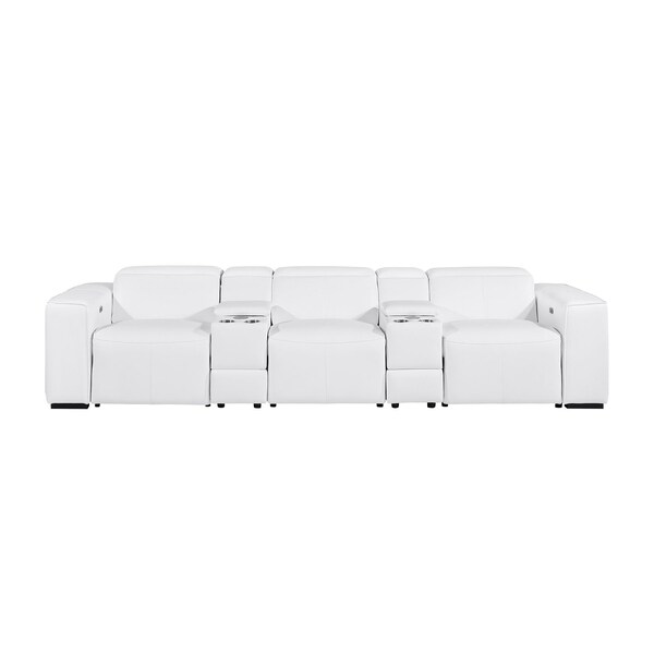 Homeroots 130" White Top Grain Leather Reclining Metal USB Sofa 720398 - main