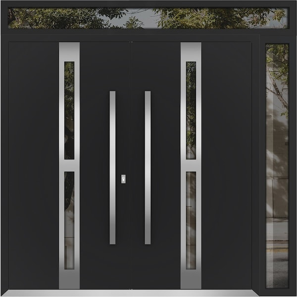 Vdomdoors Metal Double Doors Deux 1755 Black Enamel Opaque Black Glass 1 Sidelight and Top Transom Entry Mode DEUX1755DEXD-BLK-W72+16xH96+12-LH-O - main