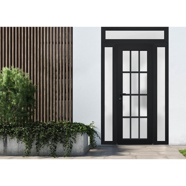 Vdomdoors Front Exterior Prehung FiberGlass Door Frosted Glass / Manux 8312 Matte Black / Transom Window / Of MANUX8312EXD-BLK-W36 x H80+14-RH - main