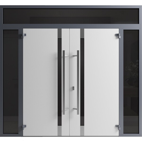 Vdomdoors Front Exterior Prehung Aluminum Double Doors Ronex1011 Grey 2 Sidelights and Top Transom Mirrored RONEX1011DEXD-GRE-W16+72+16xH80+16-RH-O - main
