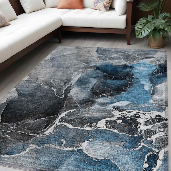 Homeroots 5' X 8' Ivory Blue and Gray Abstract Washable Non Skid Indoor Outdoor Area Rug 559428 - main