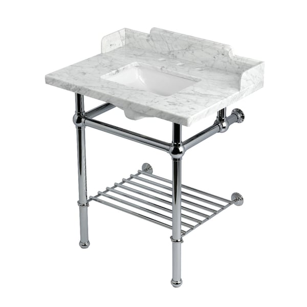 Kingston Brass 30-Inch Carrara Marble Console Sink with Brass Legs and Shelf, 8-Inch, 3-Hole LMS30MBSQB1 - main