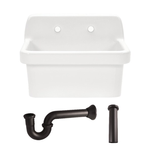 Kingston Brass 24" Ceramic Single Bowl Wall Mount Kitchen Sink with Strainer, White/Oil Rubbed Bronze KGPKWS2419175 - main