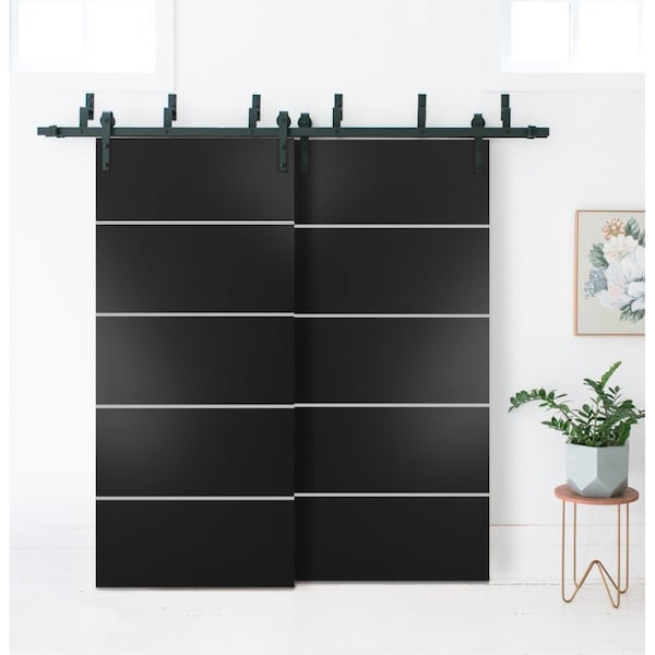 Sartodoors Slab Barn Door Panel, Planum 0210 Black Matte and Aluminum Strips, Sturdy Finished Modern Doors, Po PLANUM0210S-BLK-30 - main