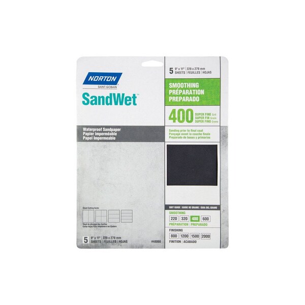 Norton Sanding Sheet, 9 in L, 11 in W, 400 Grit, Super Fine, Aluminum Oxide Abrasive Gray, 5PK 7660748060 - main