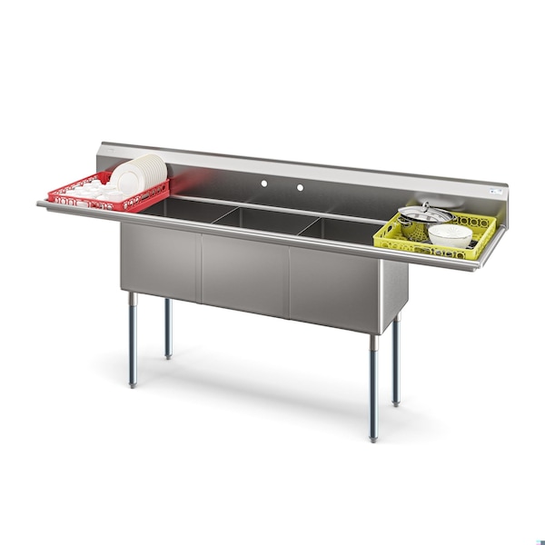 Koolmore 90 in. Three Compartment Commercial Sink Bowl Size 18x18x14 Stainless-Steel with 2 Drainboards KM-SC181814-18B3 - main