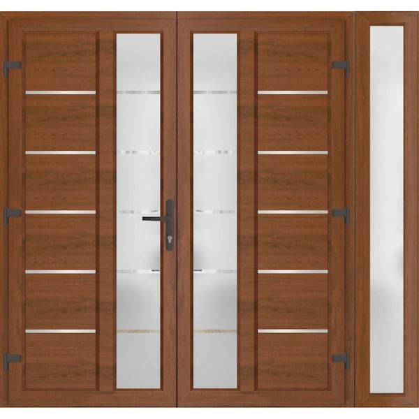 Vdomdoors Front Exterior Prehung Metal-Plastic Double Doors / MANUX 8088 Walnut / Sidelite Exterior Window / MANUX8088DEXD-WLN-RH-W72+12xH80 - main