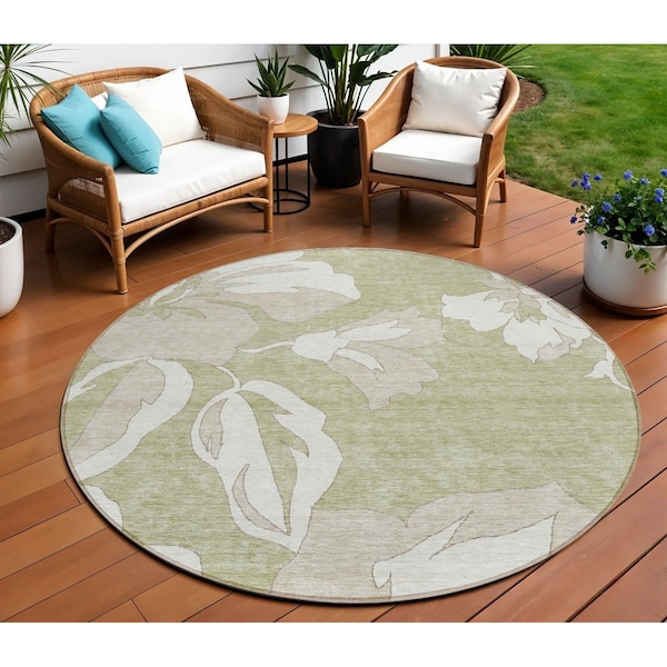 Homeroots 8' Artichoke Green Ivory And Taupe Round Floral Washable Indoor Outdoor Area Rug 589520 - main
