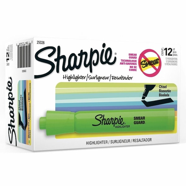 Sharpie Smear Guard Highlighter, Chisel Tip Fluorescent Green PK12 25026B - main