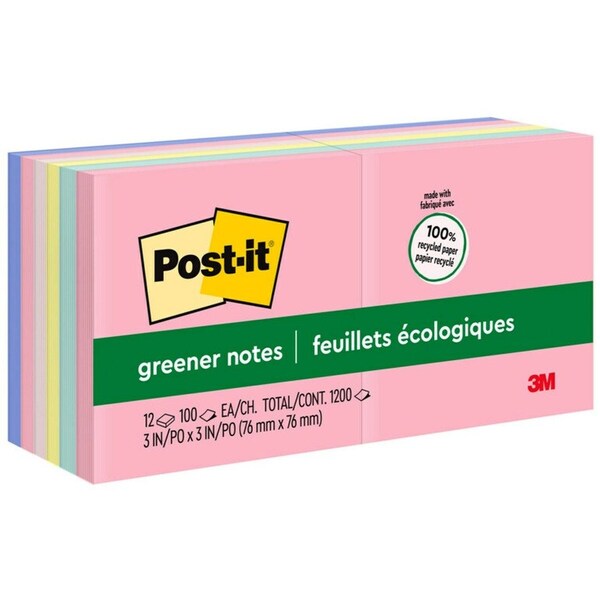 Post-It Recycled Sticky Notes, 3x3, Helsinki, PK12 654-RP-A - main
