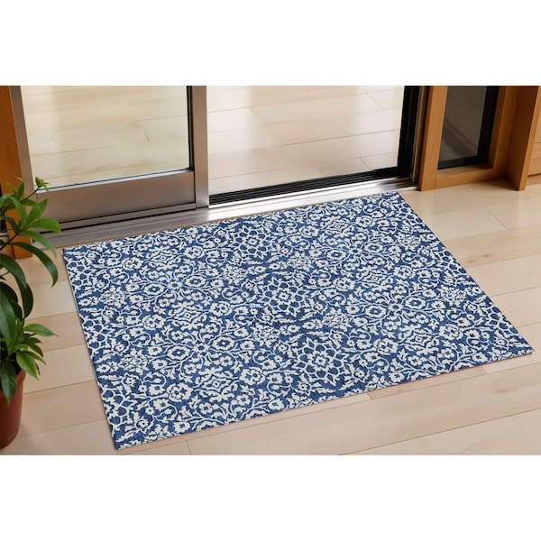 Homeroots 3' X 5' Navy Blue And Ivory Damask Washable Indoor Outdoor Area Rug 595169 - main